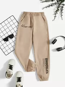 SHEIN 男孩標語圖案彈性腰帶長褲 - 卡其色 - 查看 1