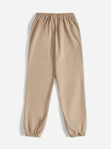 SHEIN 男孩標語圖案彈性腰帶長褲 - 卡其色 - 查看 2