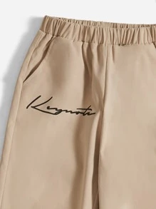 SHEIN 男孩標語圖案彈性腰帶長褲 - 卡其色 - 查看 3