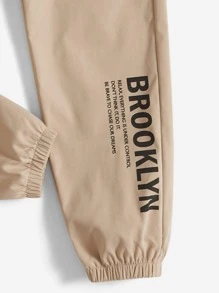 SHEIN 男孩標語圖案彈性腰帶長褲 - 卡其色 - 查看 4