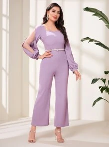 Modelyn Split Sleeve Flare Leg Jumpsuit Without Belt - Lilac Purple - View 4