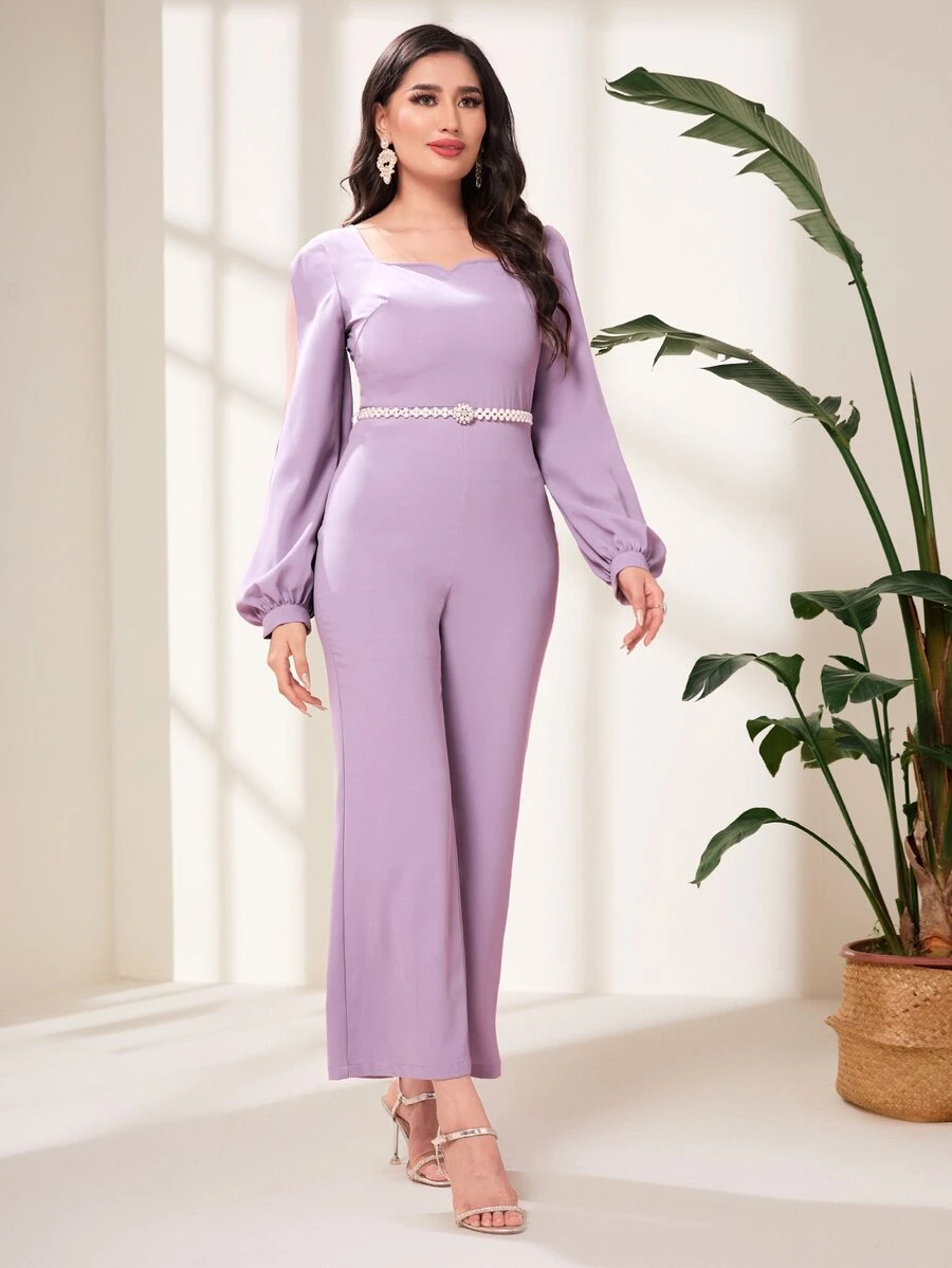 Modelyn Split Sleeve Flare Leg Jumpsuit Without Belt - Lilac Purple - View 1