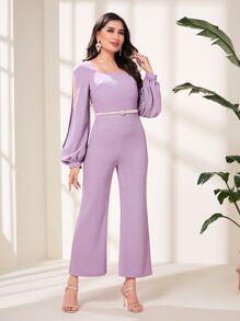 Modelyn Split Sleeve Flare Leg Jumpsuit Without Belt - Lilac Purple - View 3