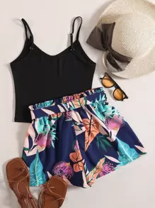 Trelyra 素色吊帶上衣和熱帶圖案附腰帶短褲 - 黑色 - 查看 2