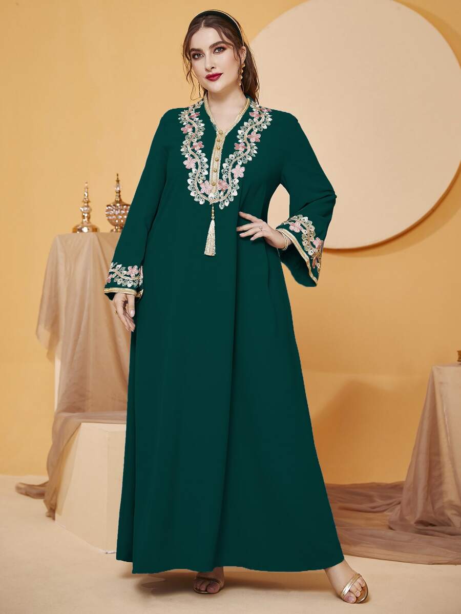 Al Najma Plus Floral Embroidery Tassel Trim Dress - Dark Green - View 1