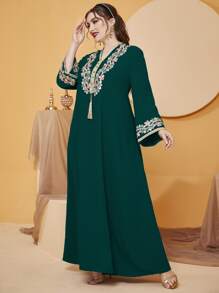 Al Najma Plus Floral Embroidery Tassel Trim Dress - Dark Green - View 6
