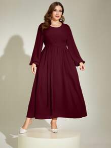 Mulvari Burgundy Red Plus Lantern Sleeve Tie Front Dress Maxi Women Outfit - Burgundy - View 1