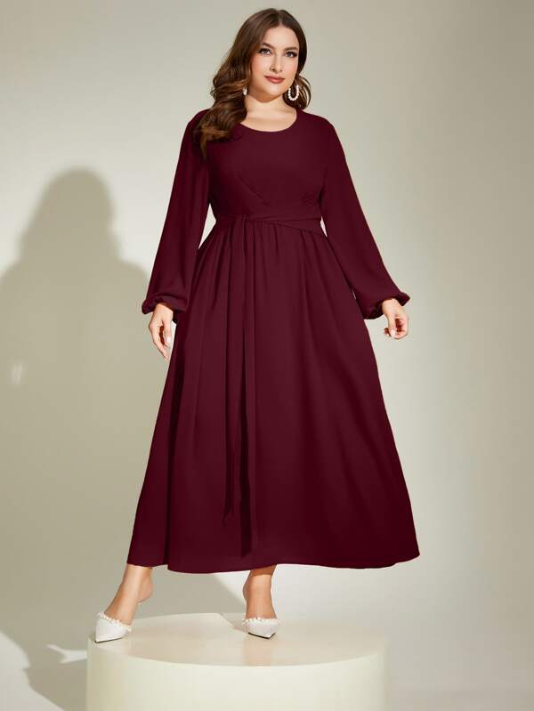 Mulvari Bordeauxrotes Maxikleid mit Laternärmeln und Bindung, Damen Outfit