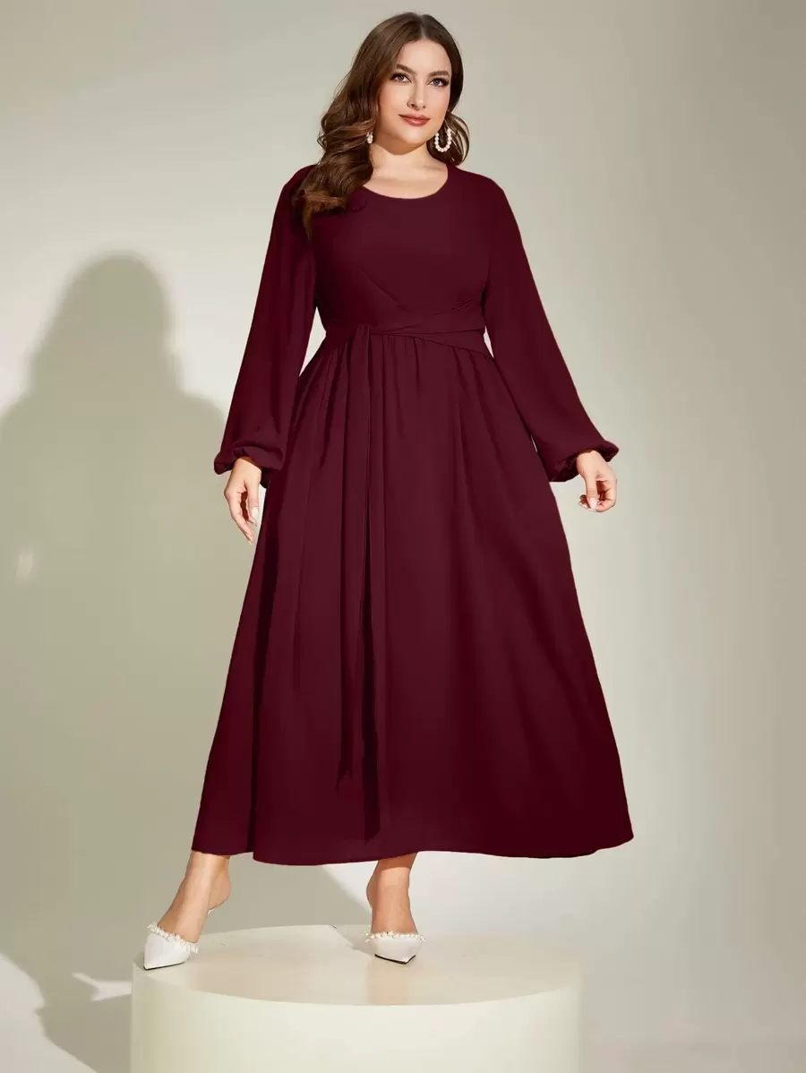 Mulvari Burgundy Red Plus Lantern Sleeve Tie Front Dress Maxi Women Outfit - Burgundy - View 1