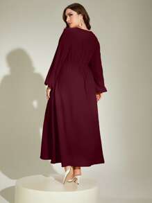 Mulvari Burgundy Red Plus Lantern Sleeve Tie Front Dress Maxi Women Outfit - Burgundy - View 2
