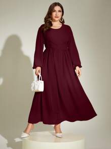 Mulvari Burgundy Red Plus Lantern Sleeve Tie Front Dress Maxi Women Outfit - Burgundy - View 3