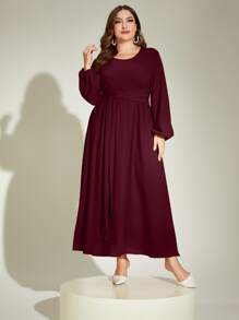 Mulvari Burgundy Red Plus Lantern Sleeve Tie Front Dress Maxi Women Outfit - Burgundy - View 4