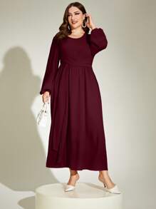 Mulvari Burgundy Red Plus Lantern Sleeve Tie Front Dress Maxi Women Outfit - Burgundy - View 5