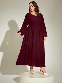 Mulvari Burgundy Red Plus Lantern Sleeve Tie Front Dress Maxi Women Outfit - Burgundy - View 6