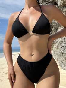 SHEIN Swim 夏季海滩单色比基尼套装吊带三角胸罩和罗纹针织比基尼和抽绳褶皱平角短裤 3 件套比基尼 - 黑色 - 查看 3