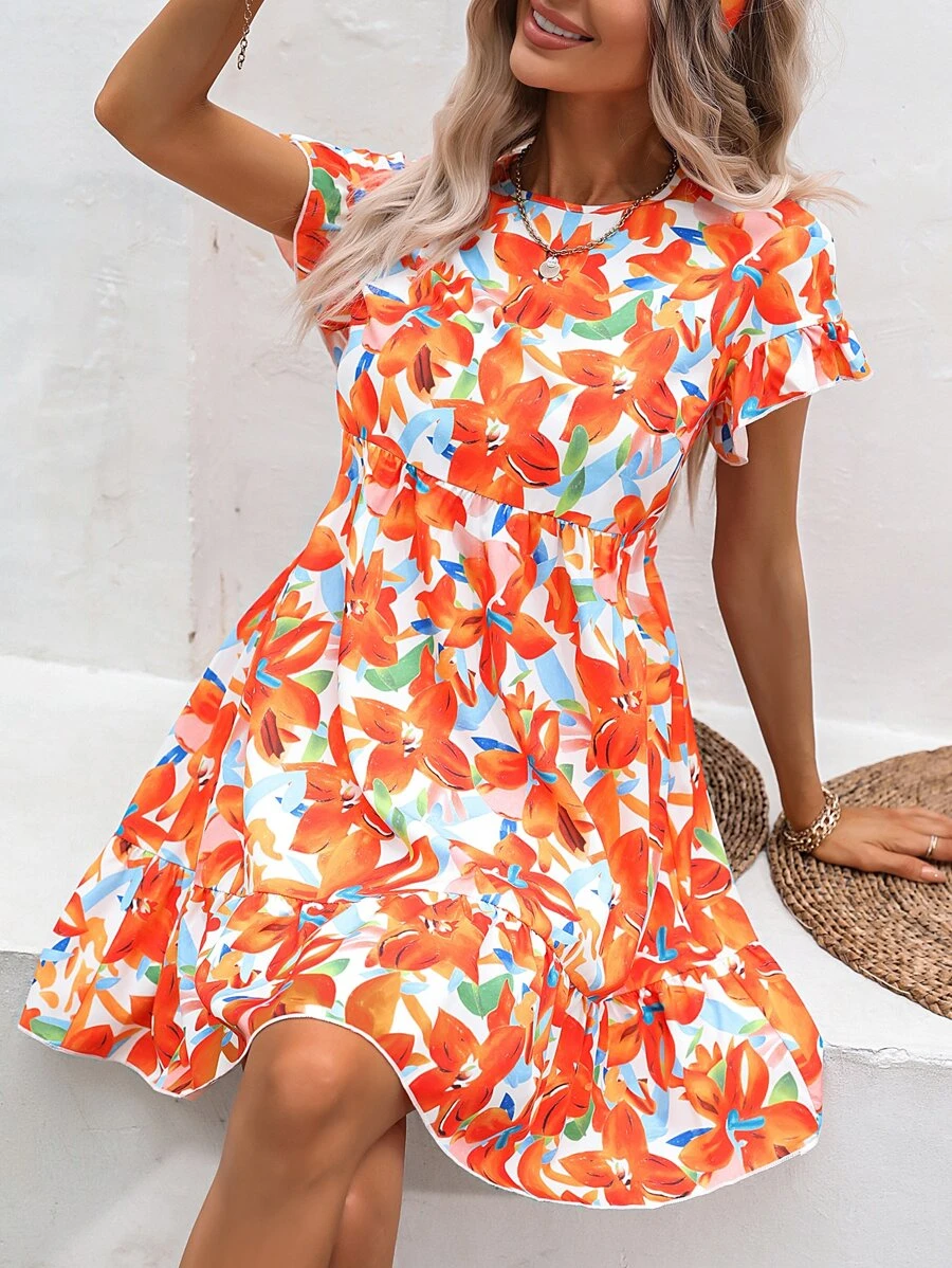 SHEIN VCAY Allover Floral Print Ruffle Hem Smock Dress - Orange - View 1