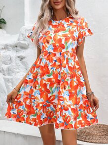 SHEIN VCAY Allover Floral Print Ruffle Hem Smock Dress - Orange - View 3