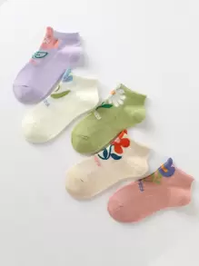 5雙小女童花卉圖案短襪 - 彩色 - 查看 1