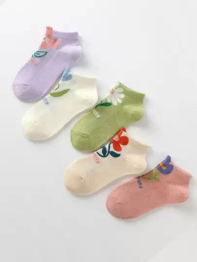 5雙小女童花卉圖案短襪