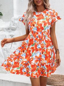 SHEIN VCAY Allover Floral Print Ruffle Hem Smock Dress - Orange - View 4