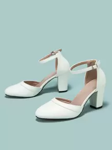 Women Point Toe Chunky Heeled Pumps Elegant White Ankle Strap Pumps, White Elegant Buckled Solid Color Ankle Strap Women's High Heel Shoes, Elegant - White - View 2