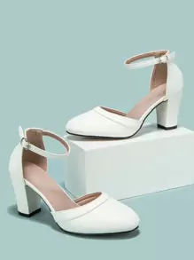 Women Point Toe Chunky Heeled Pumps Elegant White Ankle Strap Pumps, White Elegant Buckled Solid Color Ankle Strap Women's High Heel Shoes, Elegant - White - View 3