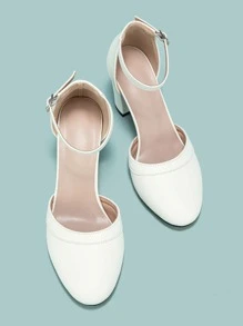 Women Point Toe Chunky Heeled Pumps Elegant White Ankle Strap Pumps, White Elegant Buckled Solid Color Ankle Strap Women's High Heel Shoes, Elegant - White - View 4