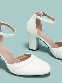 Women Point Toe Chunky Heeled Pumps Elegant White Ankle Strap Pumps, White Elegant Buckled Solid Color Ankle Strap Women's High Heel Shoes, Elegant - White - View 5