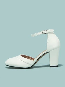 Women Point Toe Chunky Heeled Pumps Elegant White Ankle Strap Pumps, White Elegant Buckled Solid Color Ankle Strap Women's High Heel Shoes, Elegant - White - View 7
