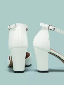 Women Point Toe Chunky Heeled Pumps Elegant White Ankle Strap Pumps, White Elegant Buckled Solid Color Ankle Strap Women's High Heel Shoes, Elegant - White - View 8
