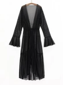 SHEIN Swim Lettuce Trim Ruffle Trim Flounce Sleeve Kimono,Summer Beach Beach Long Dressvacation Dresses Women - Black - View 3