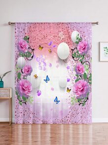 1pc Flower & Balloon Pattern Sheer Panel Curtain, Polyester Light Filtering Privacy Sheer Curtain For Home - Multicolor - View 1