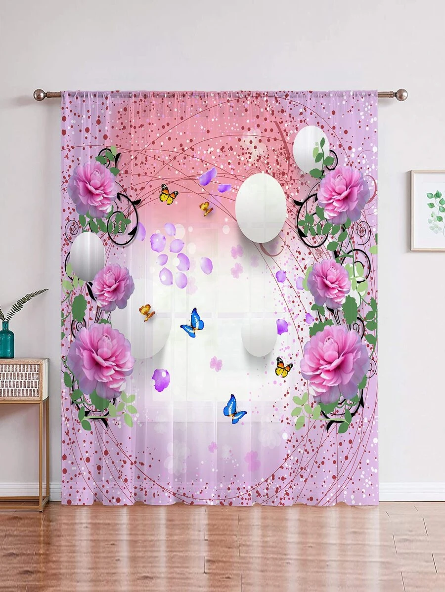 1pc Flower & Balloon Pattern Sheer Panel Curtain, Polyester Light Filtering Privacy Sheer Curtain For Home - Multicolor - View 1