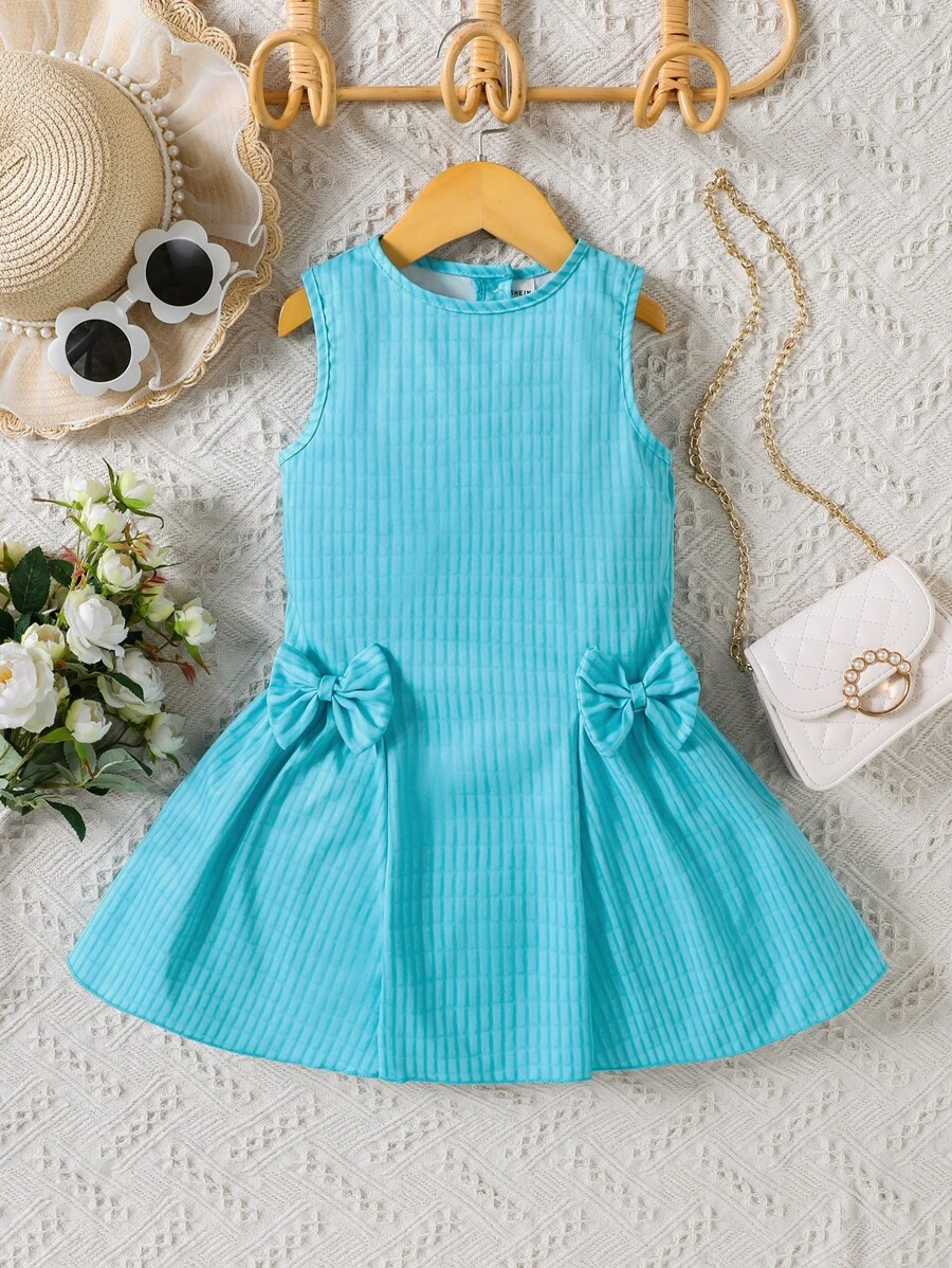 SHEIN 小女童前蝴蝶結褶皺細節洋裝 - 藍色 - 查看 1