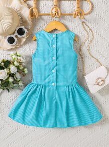 SHEIN 小女童前蝴蝶結褶皺細節洋裝 - 藍色 - 查看 2