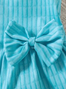 SHEIN 小女童前蝴蝶結褶皺細節洋裝 - 藍色 - 查看 3