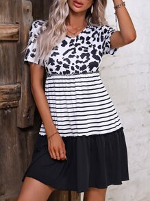 Striped & Leopard Print Ruffle Hem Smock Dress
