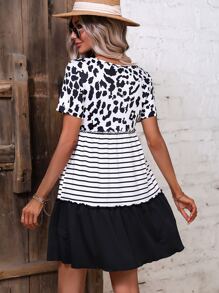 Striped & Leopard Print Ruffle Hem Smock Dress