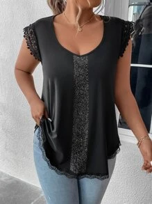 SHEIN LUNE 大碼蕾絲邊T恤 - 黑色 - 查看 1