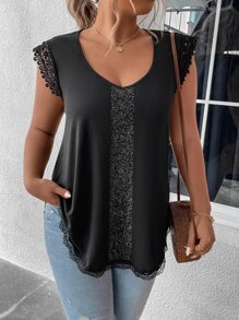 SHEIN LUNE 大碼蕾絲邊T恤 - 黑色 - 查看 3