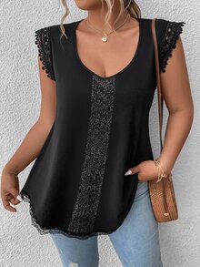 SHEIN LUNE 大碼蕾絲邊T恤 - 黑色 - 查看 4