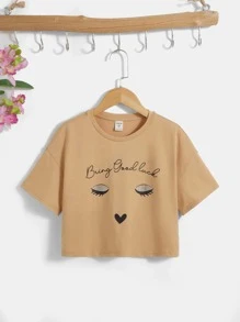 SHEIN Girls Slogan & Figure Graphic Drop Shoulder Tee - Khaki - View 1