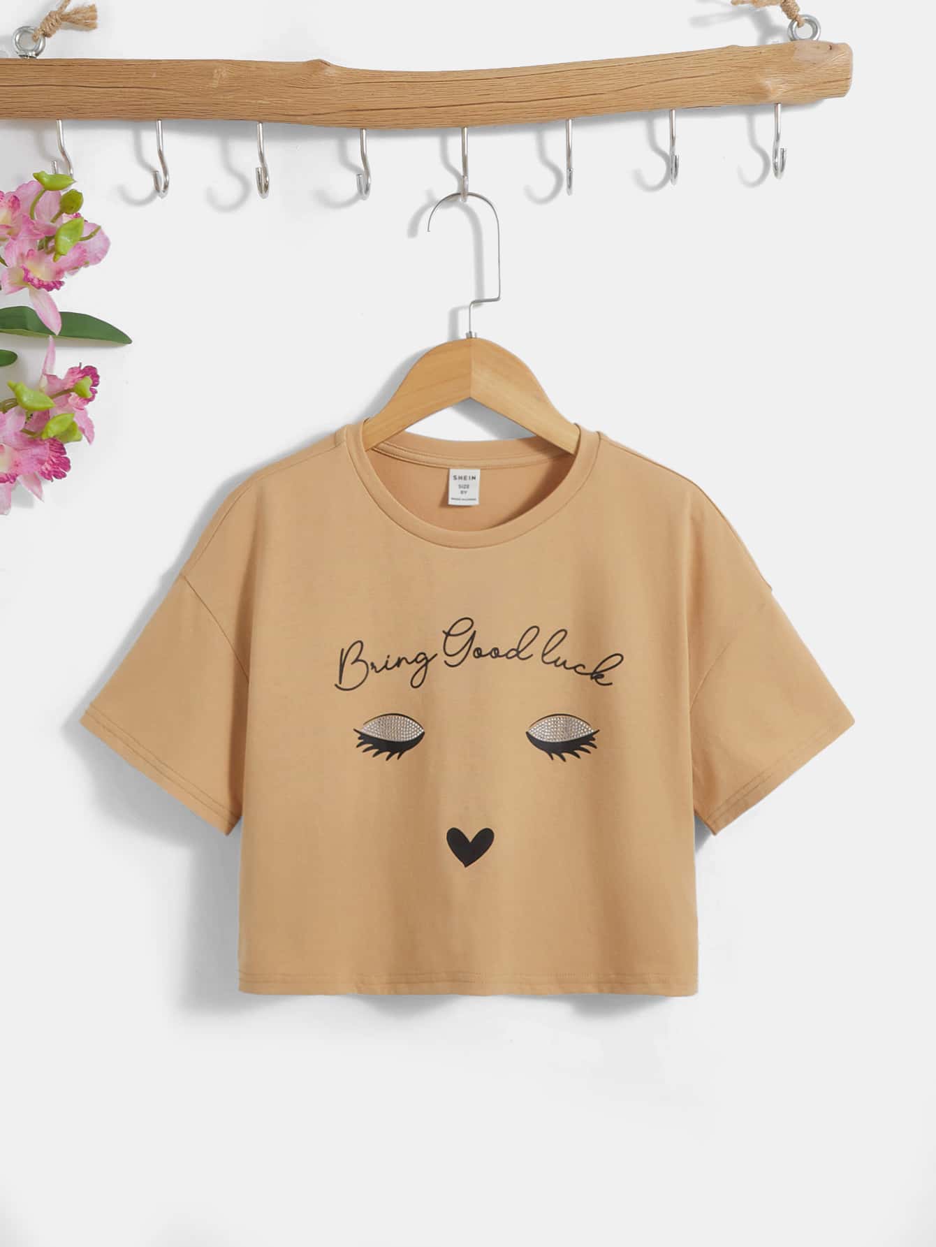 SHEIN Girls Slogan & Figure Graphic Drop Shoulder Tee - Khaki - View 1