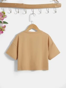 SHEIN Girls Slogan & Figure Graphic Drop Shoulder Tee - Khaki - View 2