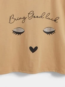 SHEIN Girls Slogan & Figure Graphic Drop Shoulder Tee - Khaki - View 3