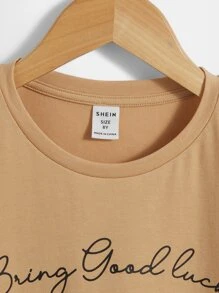 SHEIN Girls Slogan & Figure Graphic Drop Shoulder Tee - Khaki - View 5