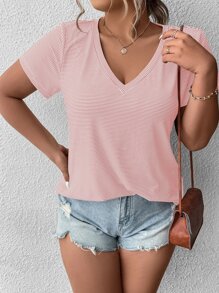 SHEIN LUNE Áo thun cổ chữ V in họa tiết sọc Plus Áo thun họa tiết cho nữ - Màu Hồng baby - Xem 1