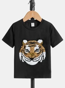 SHEIN Toddler Boys Change Animal Pattern Sequin Tee - Black - View 7