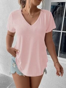 SHEIN LUNE Áo thun cổ chữ V in họa tiết sọc Plus Áo thun họa tiết cho nữ - Màu Hồng baby - Xem 3