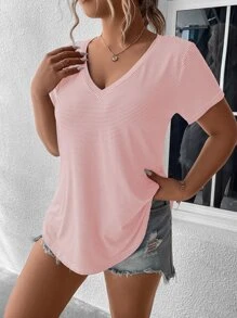 SHEIN LUNE Áo thun cổ chữ V in họa tiết sọc Plus Áo thun họa tiết cho nữ - Màu Hồng baby - Xem 5